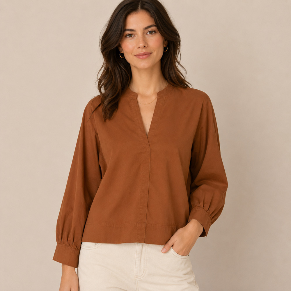 Everlane The Silky Cotton Split-Neck Blouse Tawny Brown Long Sleeve Size 0